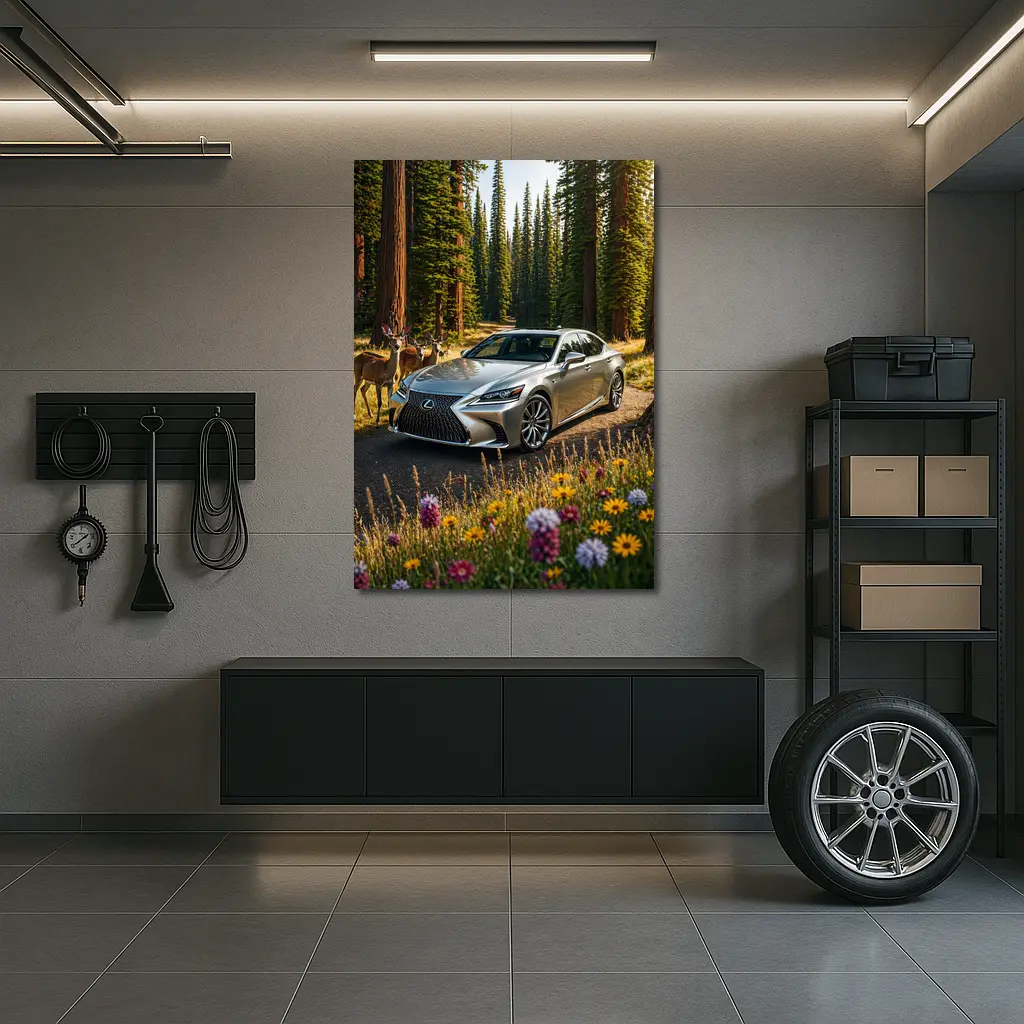Lexus LS Silver Sedan Forest Deer Setting – Wall Art