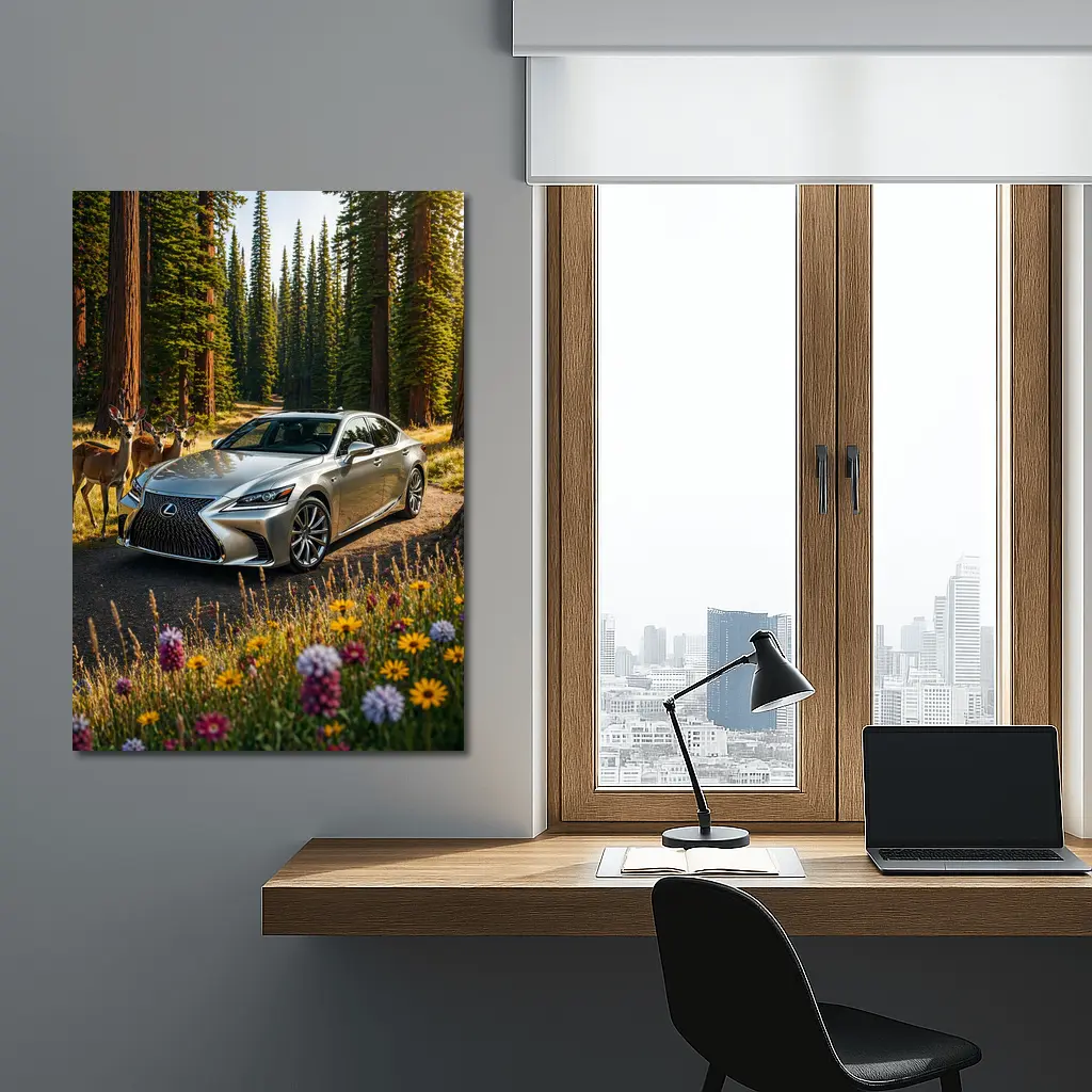 Lexus LS Silver Sedan Forest Deer Setting – Wall Art