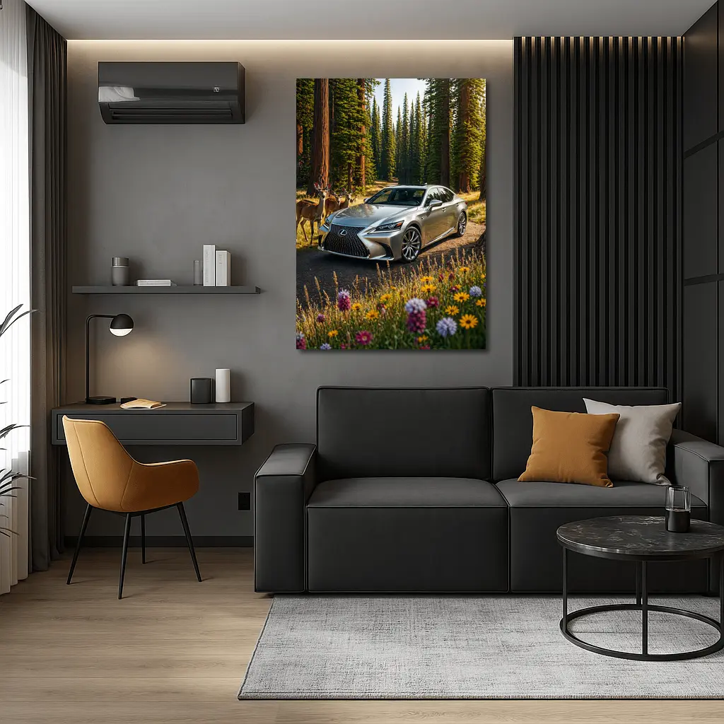Lexus LS Silver Sedan Forest Deer Setting – Wall Art
