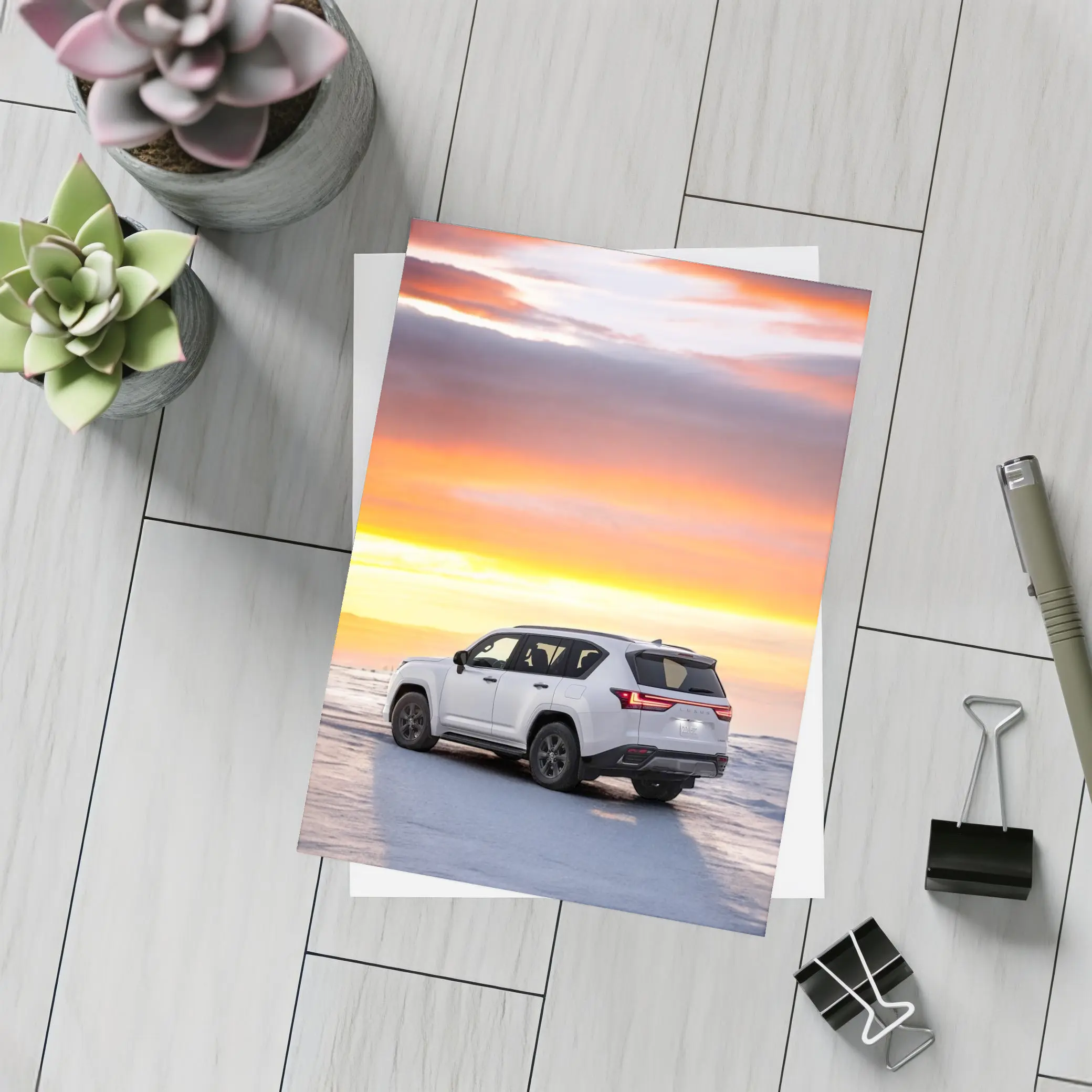 Lexus LX White SUV Fiery Sunset Sky – Postcards