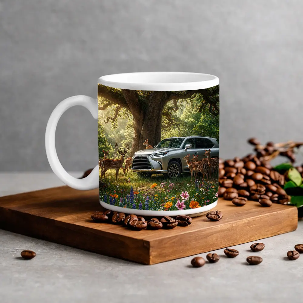 Lexus LX Silver SUV Forest Deer Scene – Mugs