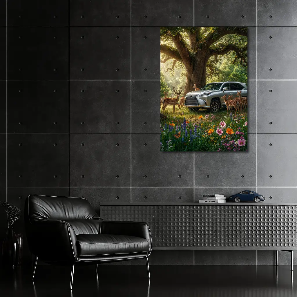 Lexus LX Silver SUV Forest Deer Scene – Wall Art