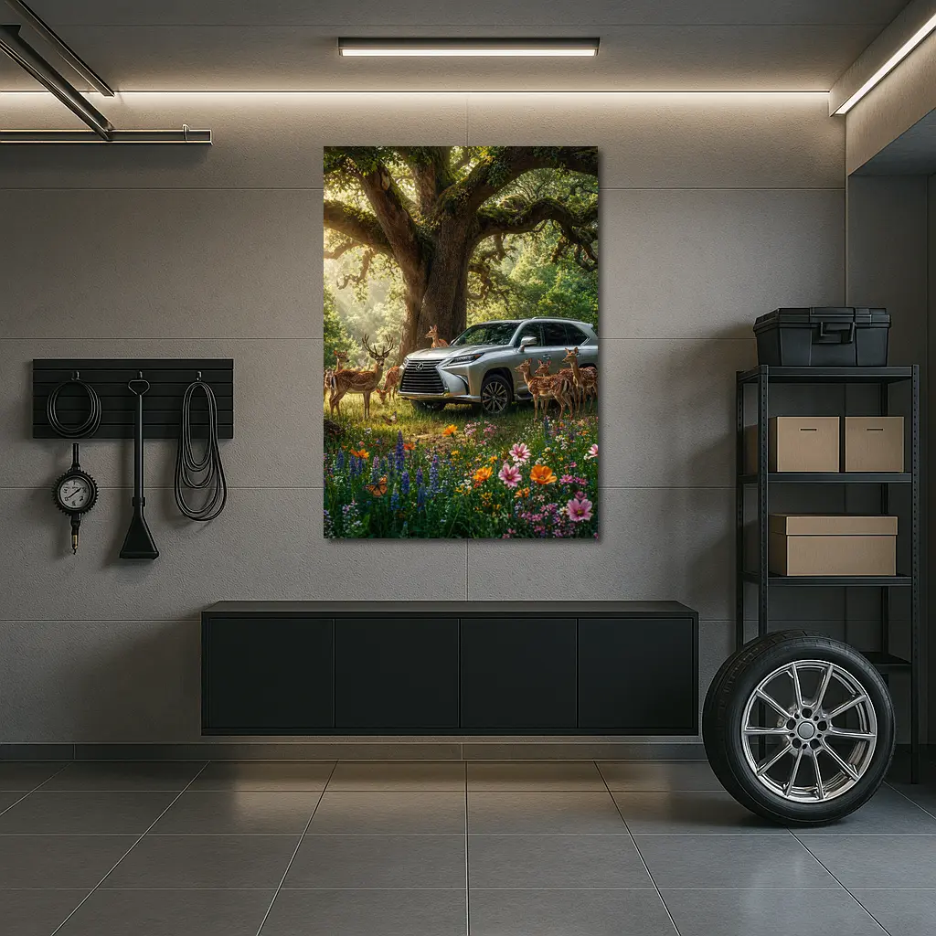 Lexus LX Silver SUV Forest Deer Scene – Wall Art