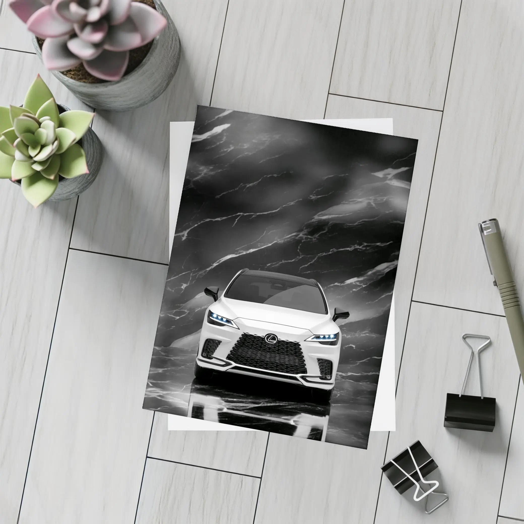 Lexus RX White Front View Black Marble – Postcards