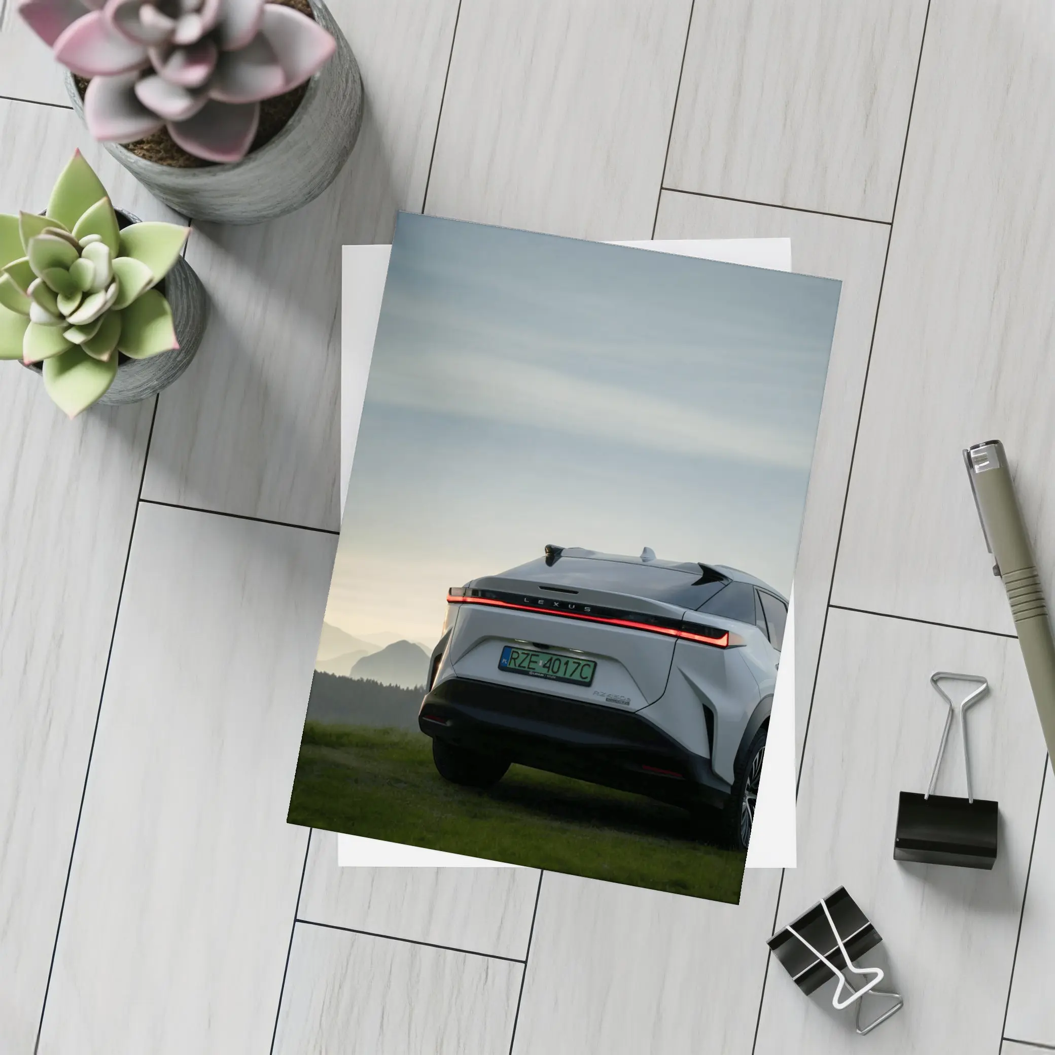 Lexus RZ Rear View Mountain Dusk – Postcards