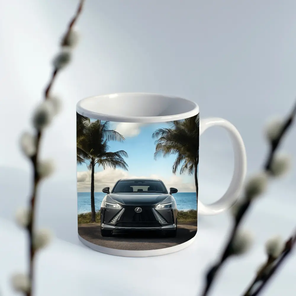 Lexus RZ Front View Beach Palm Trees – Mugs