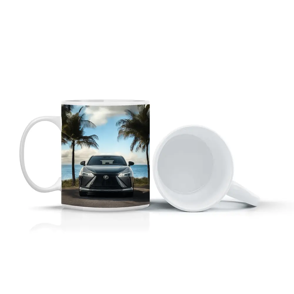 Lexus RZ Front View Beach Palm Trees – Mugs