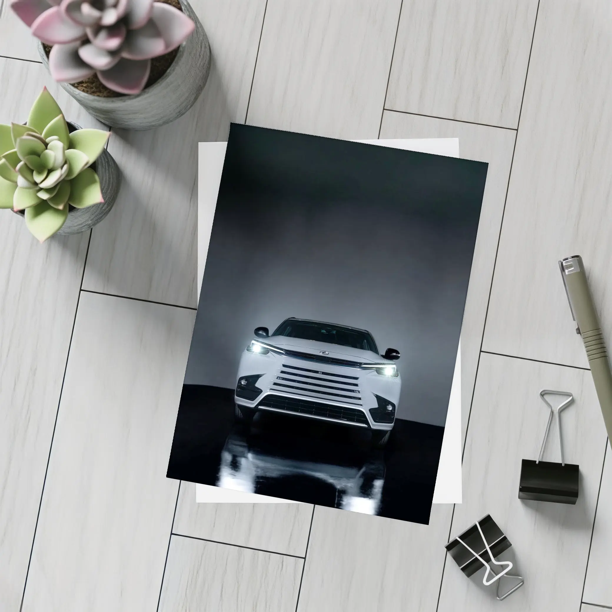 Lexus TX White Front View Dark Studio – Postcards