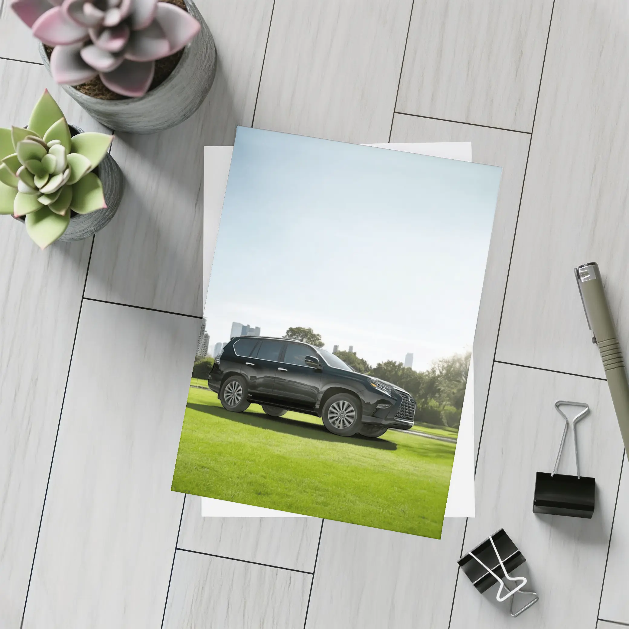 Black Lexus GX City Skyline Green Lawn – Postcards