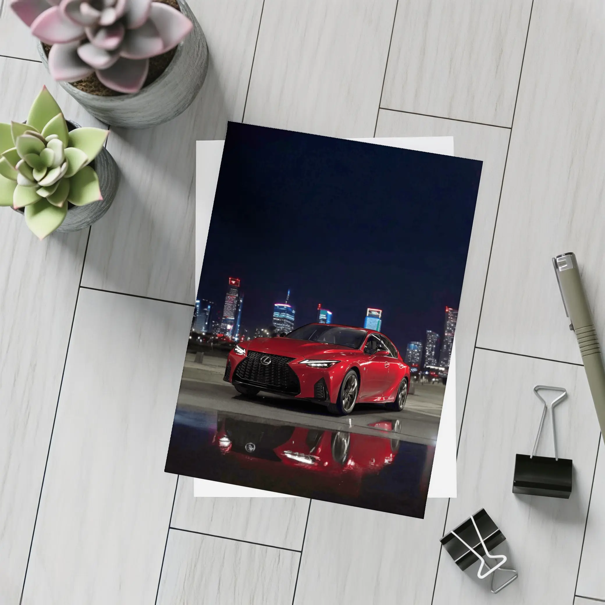 Lexus IS Red Sedan City Night – Postcards