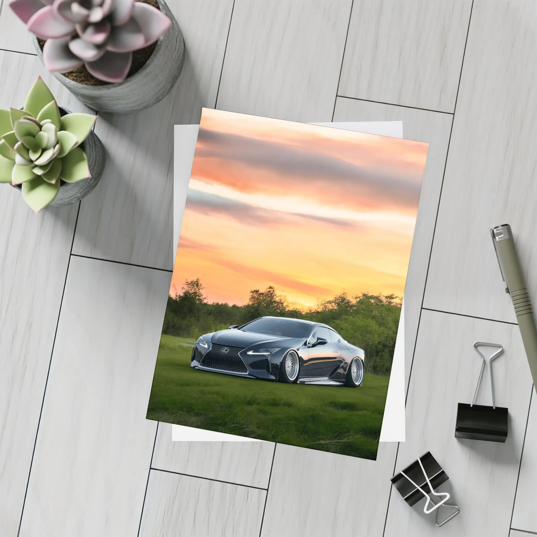 Lexus LC Slammed Black Car Sunset Sky – Postcards