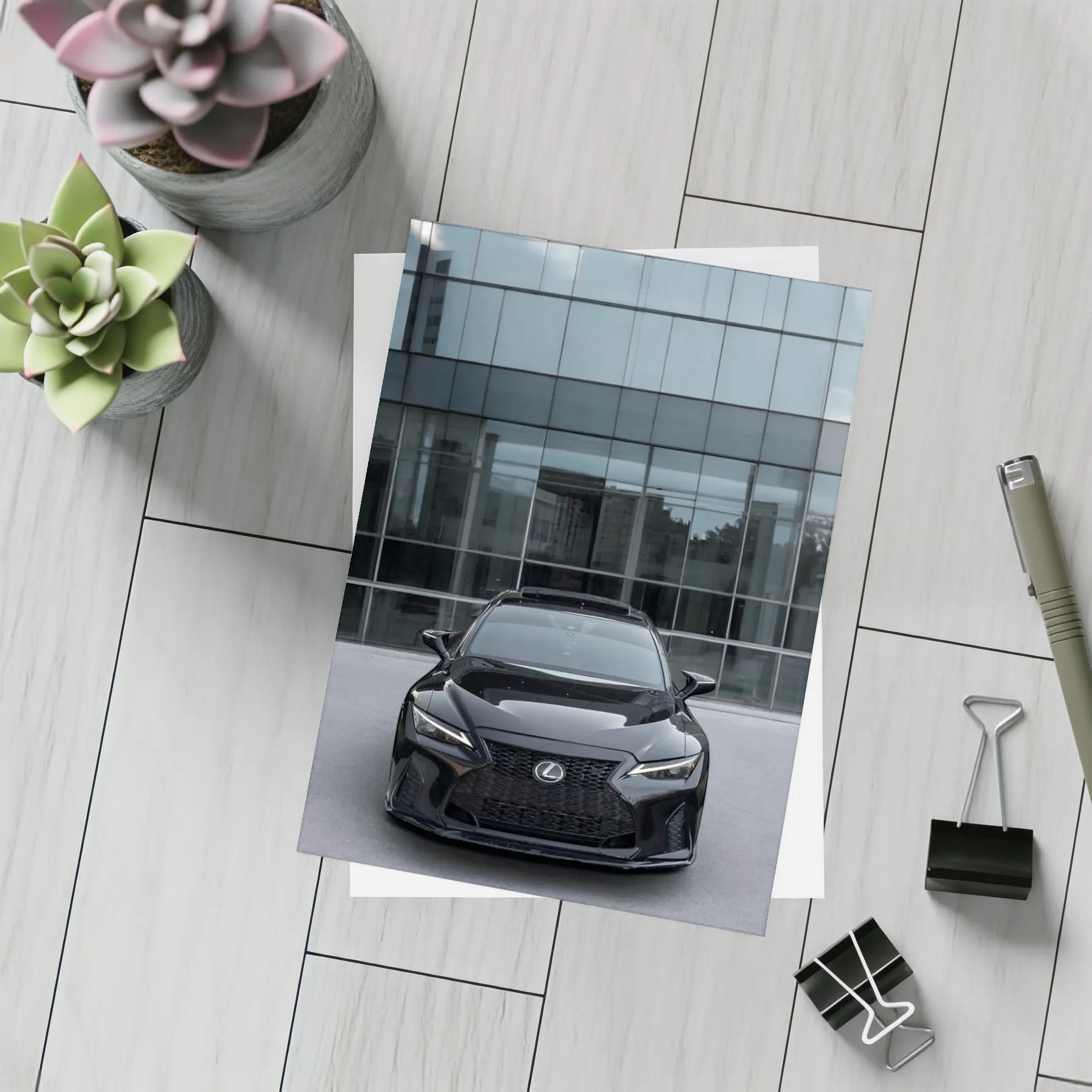 Lexus RC Black Front View Glass Building – Postcards
