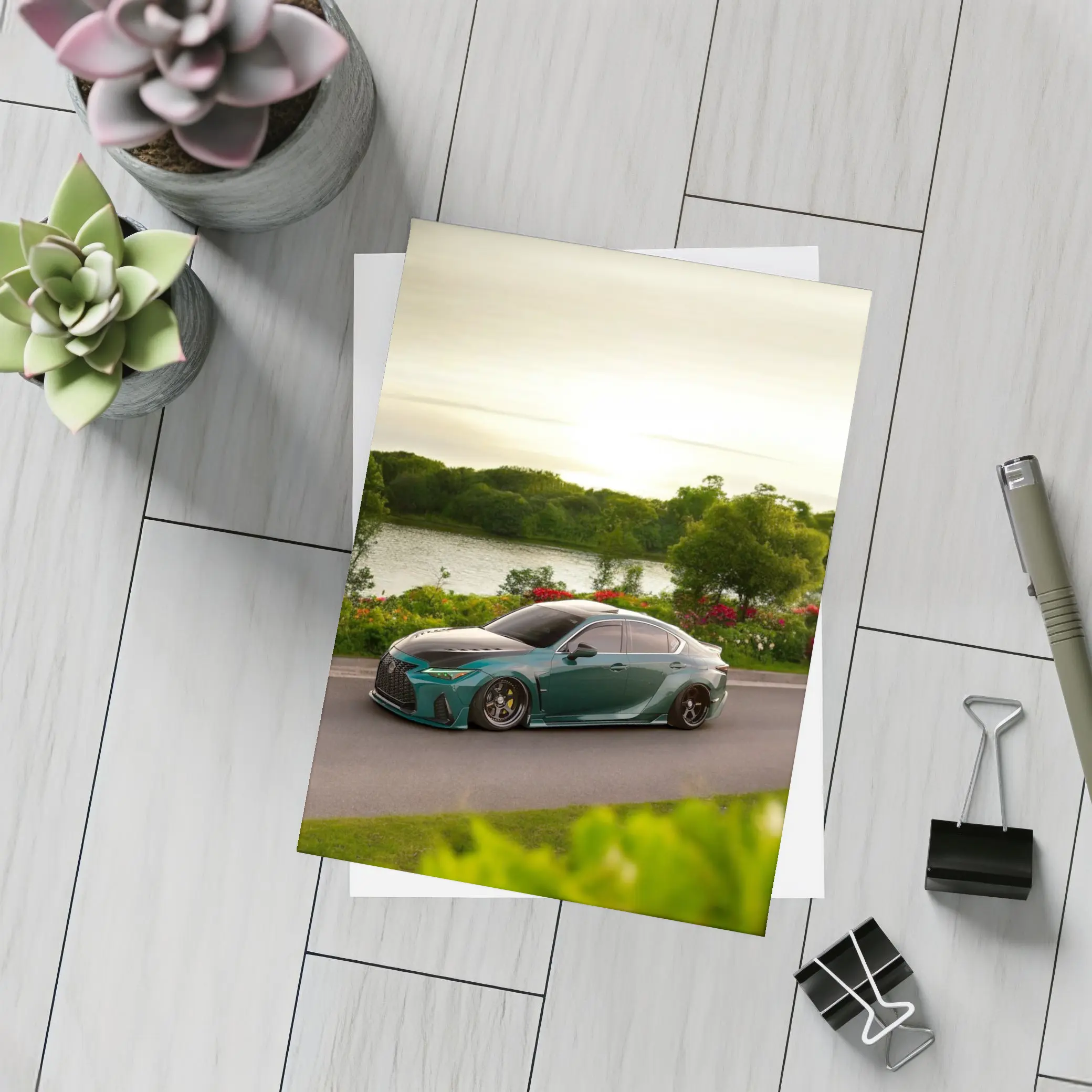 Lexus IS Slammed Green Sedan Lakeside Setting – Postcards