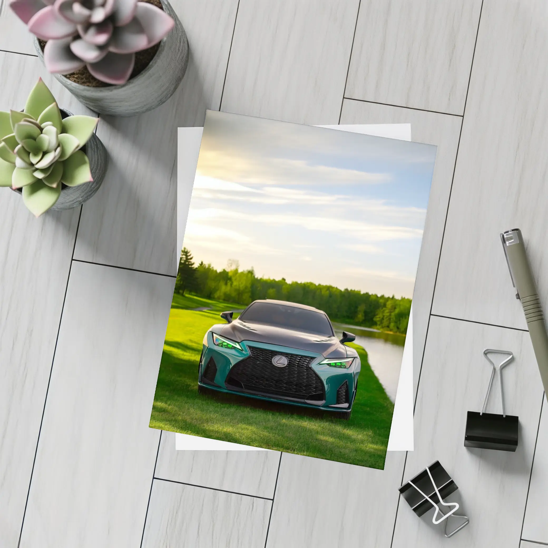 Lexus IS Green Front View Nature Setting – Postcards