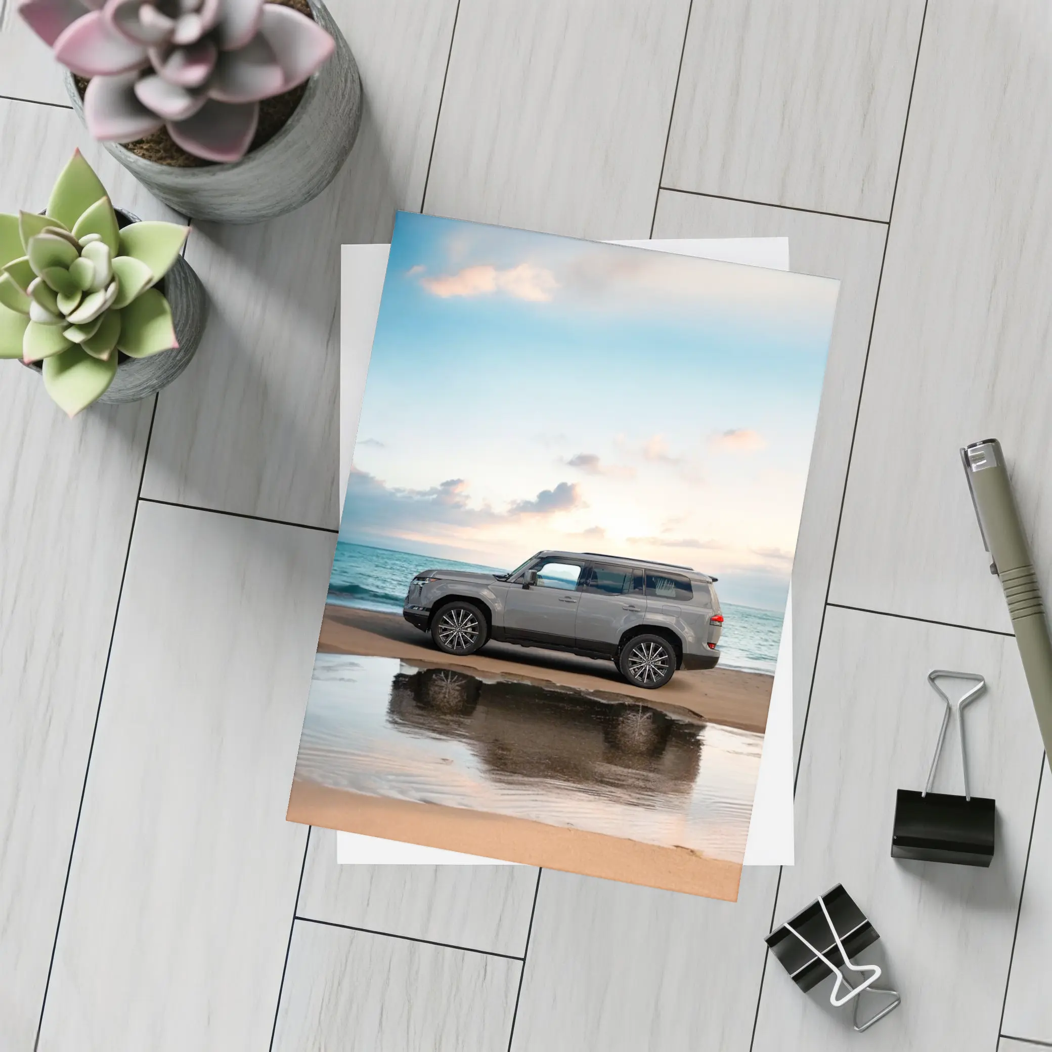 Lexus LX Silver SUV Parked Beach Sunset – Postcards