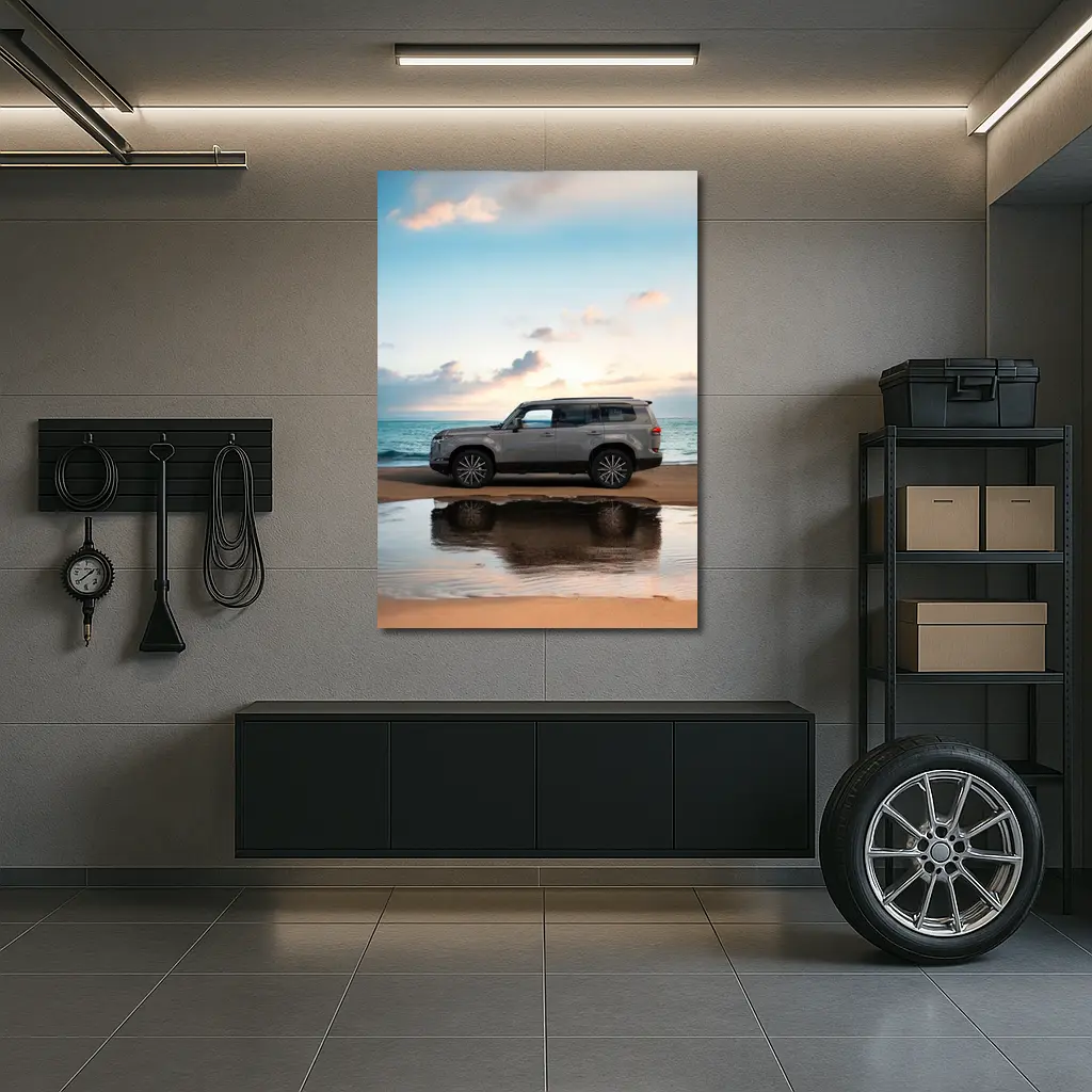 Lexus LX Silver SUV Parked Beach Sunset – Wall Art