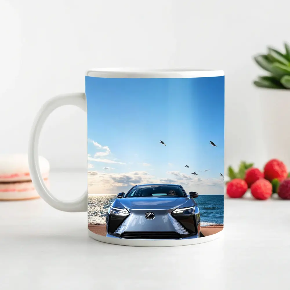 Lexus RZ Front View Ocean Background – Mugs