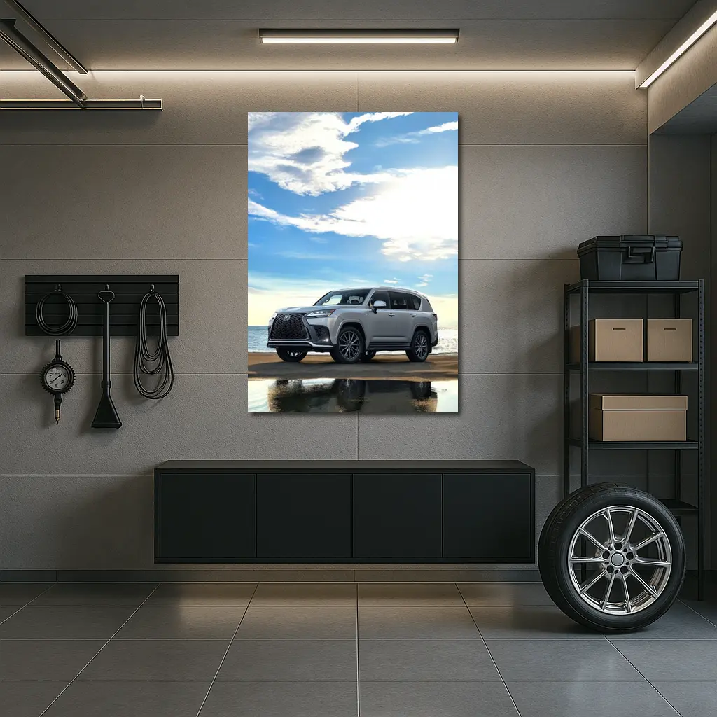 Lexus LX Silver SUV Parked Beach Shore – Wall Art