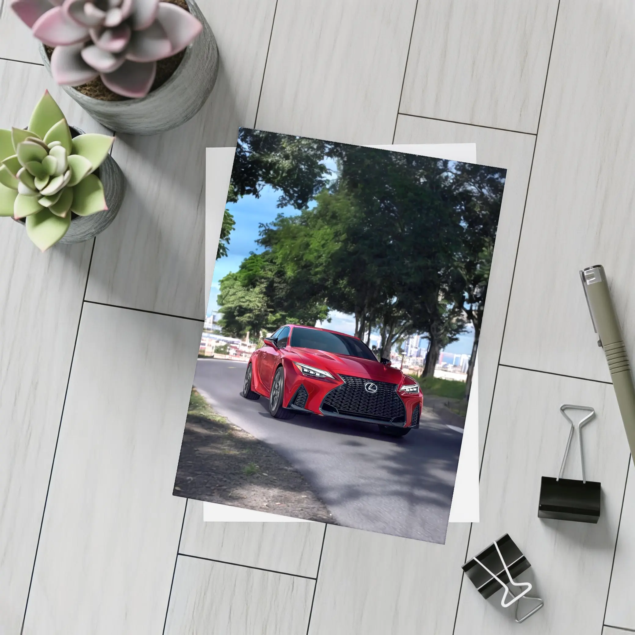 Red Lexus IS Sport Sedan on Road – Postcards