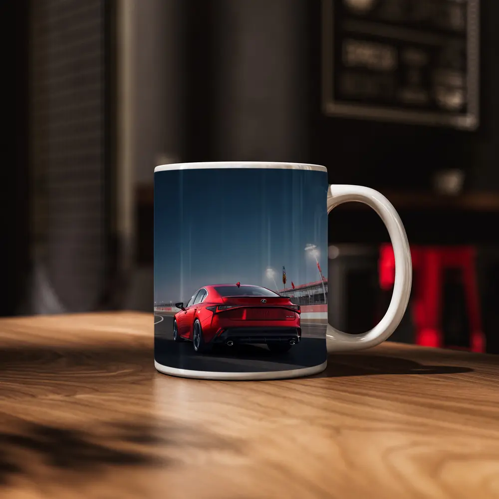 Lexus IS Red Sedan On Racing Track – Mugs