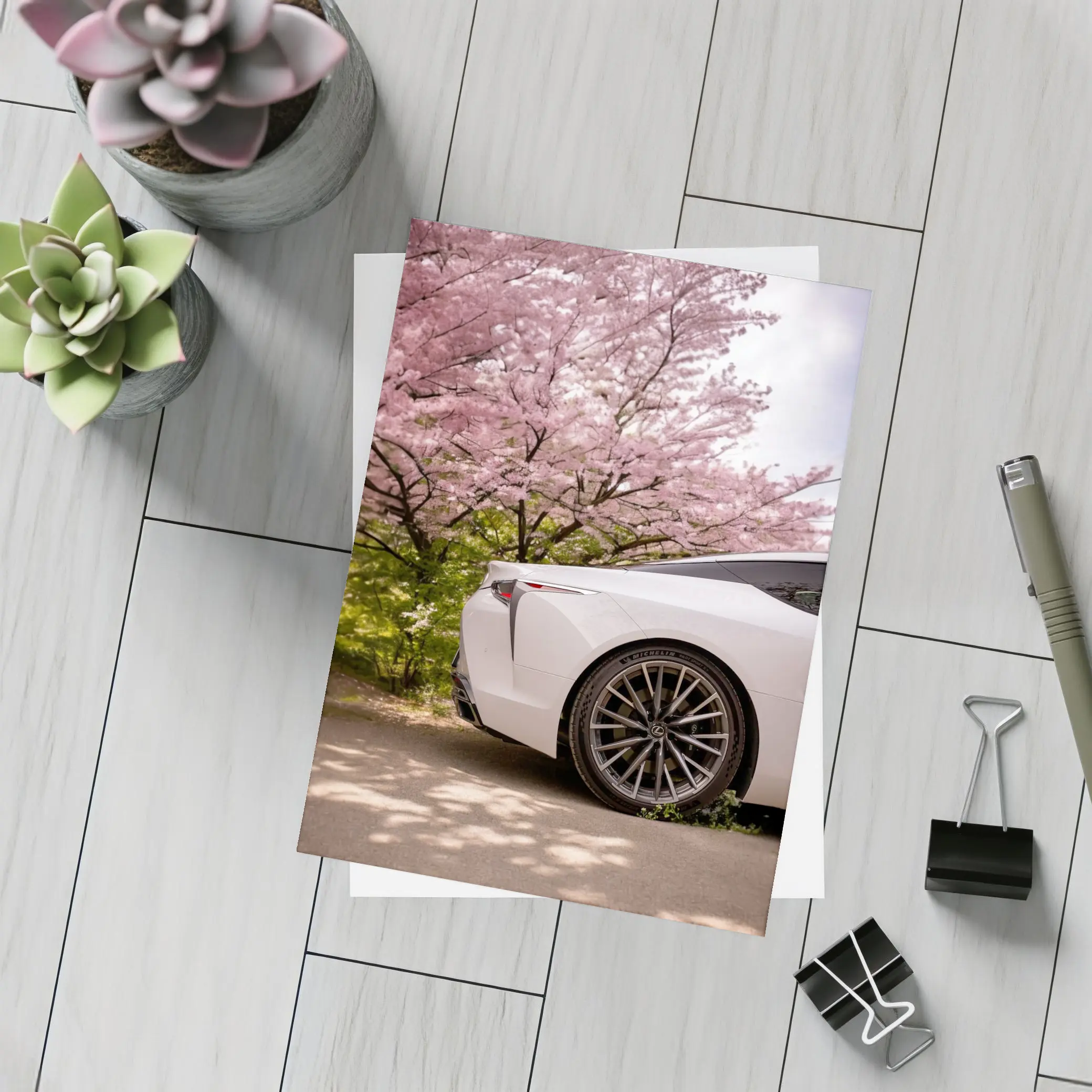Lexus LC White Car Cherry Blossom Trees – Postcards