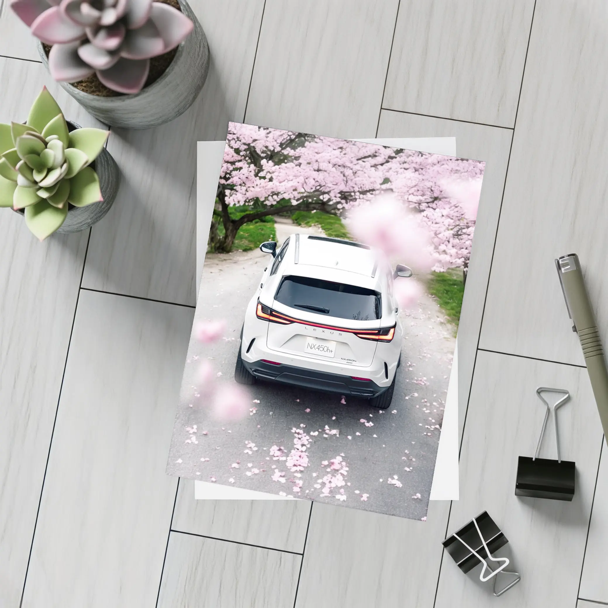 Lexus NX White SUV Cherry Blossom Road – Postcards