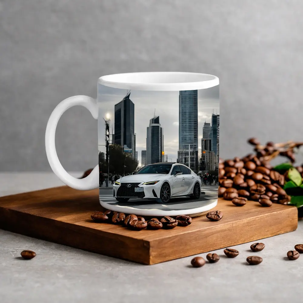 Lexus IS White Sedan City Skyline – Mugs