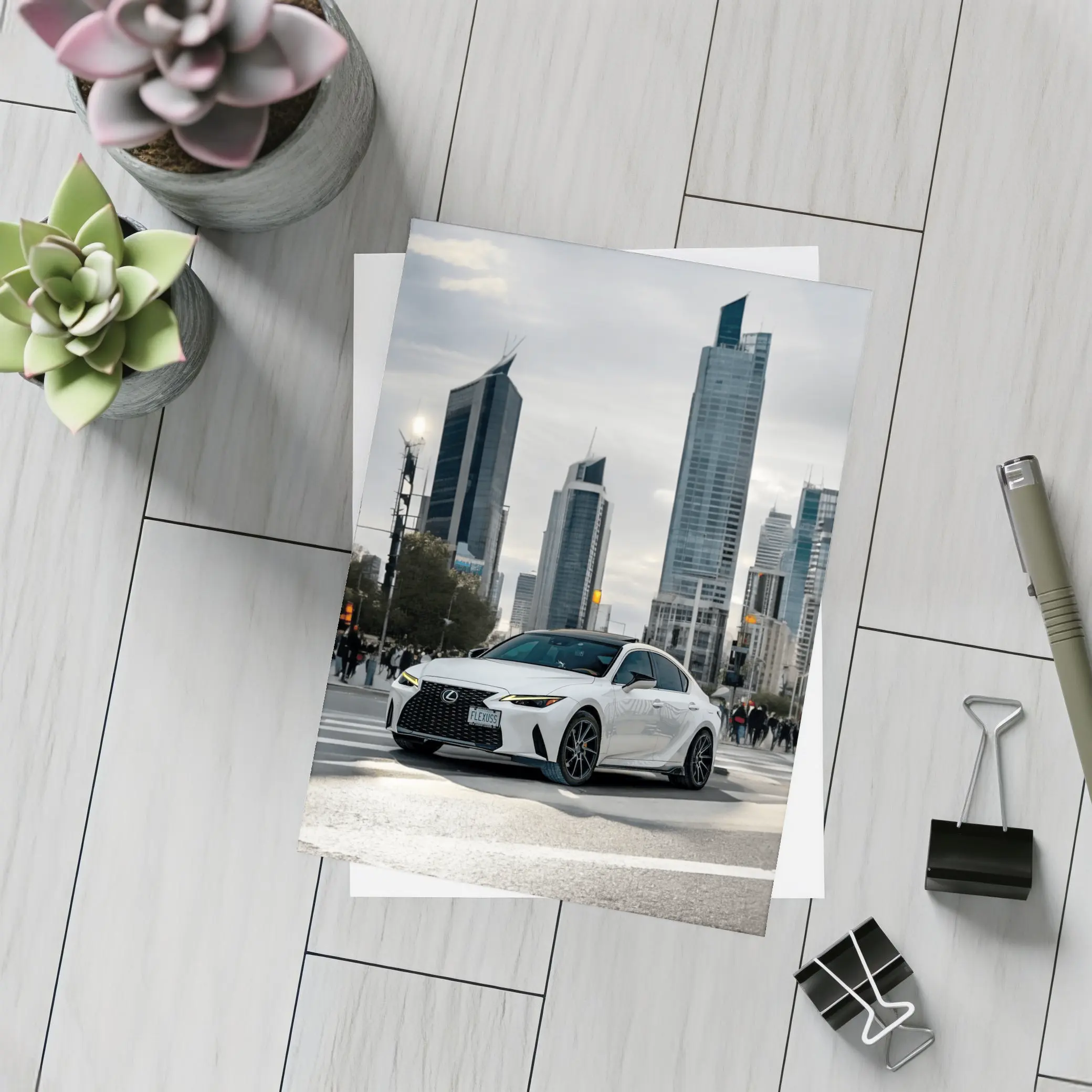 Lexus IS White Sedan City Skyline – Postcards