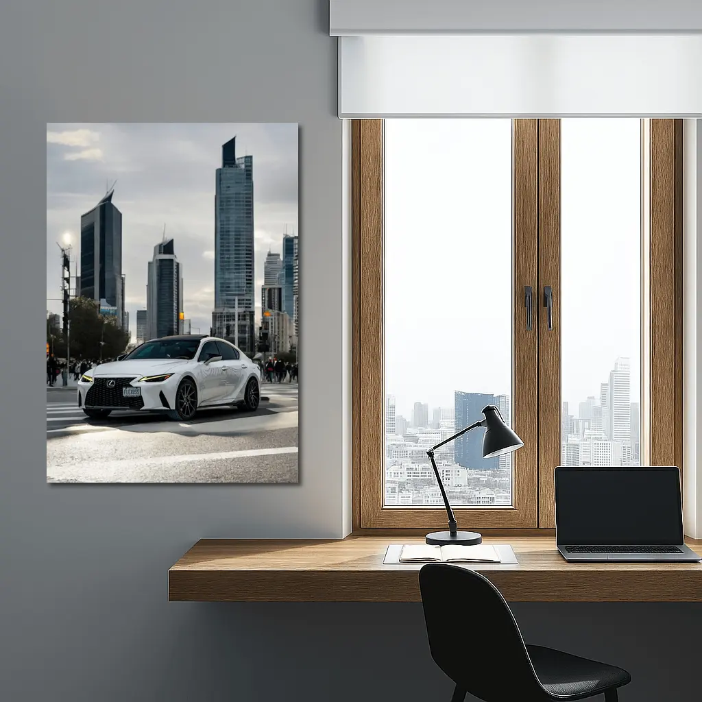 Lexus IS White Sedan City Skyline – Wall Art