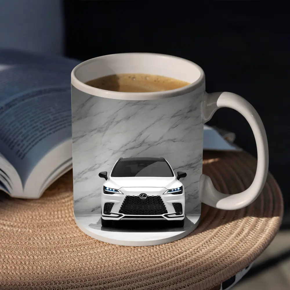Lexus RX White Front View Marble Background – Mugs