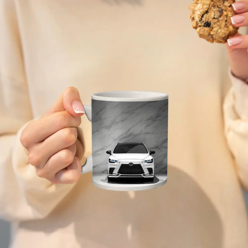 Lexus RX White Front View Marble Background – Mugs