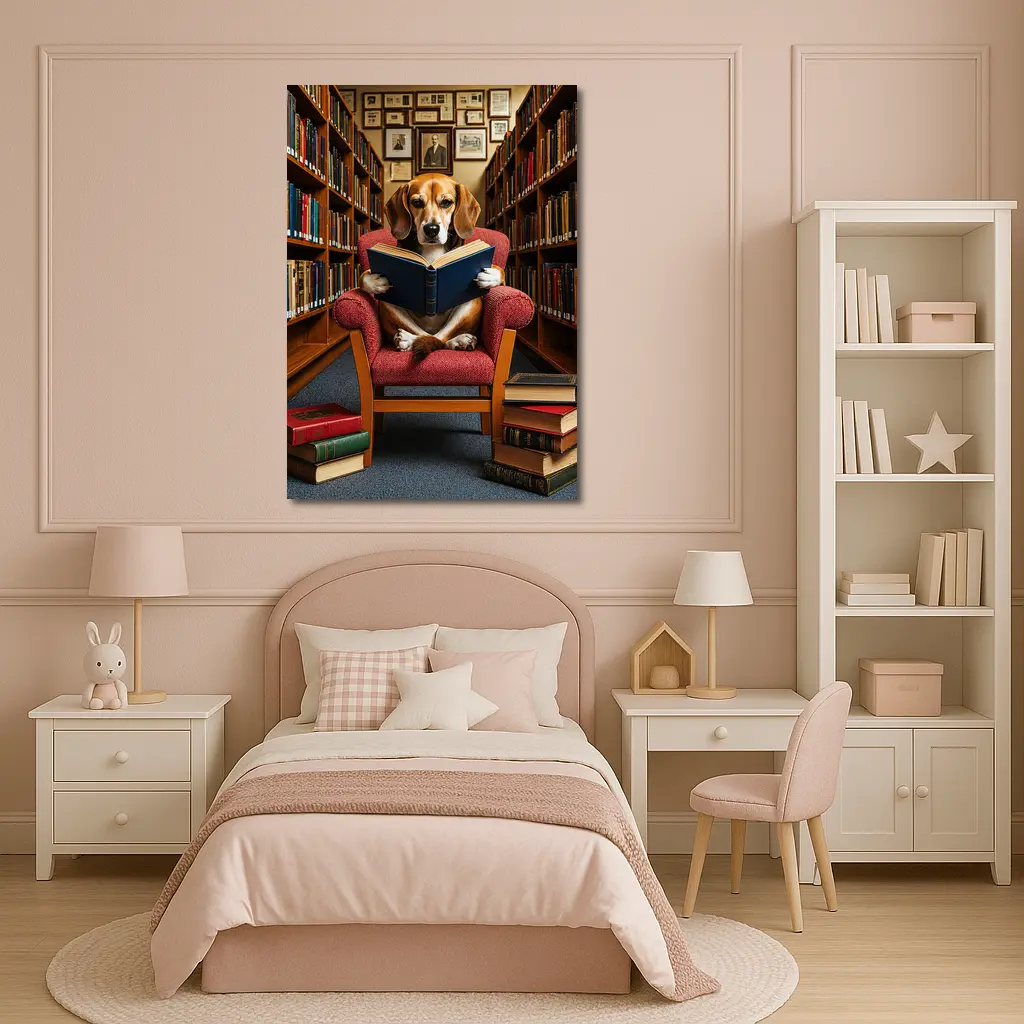 Beagle Reading Book in Library Chair – Wall Art