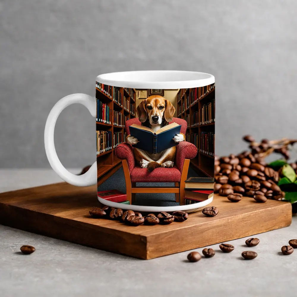 Beagle Reading Book in Library Chair – Mugs