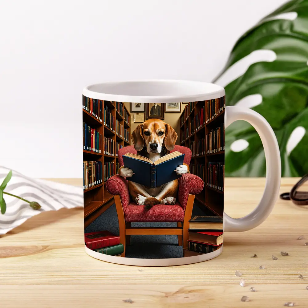 Beagle Reading Book in Library Chair – Mugs