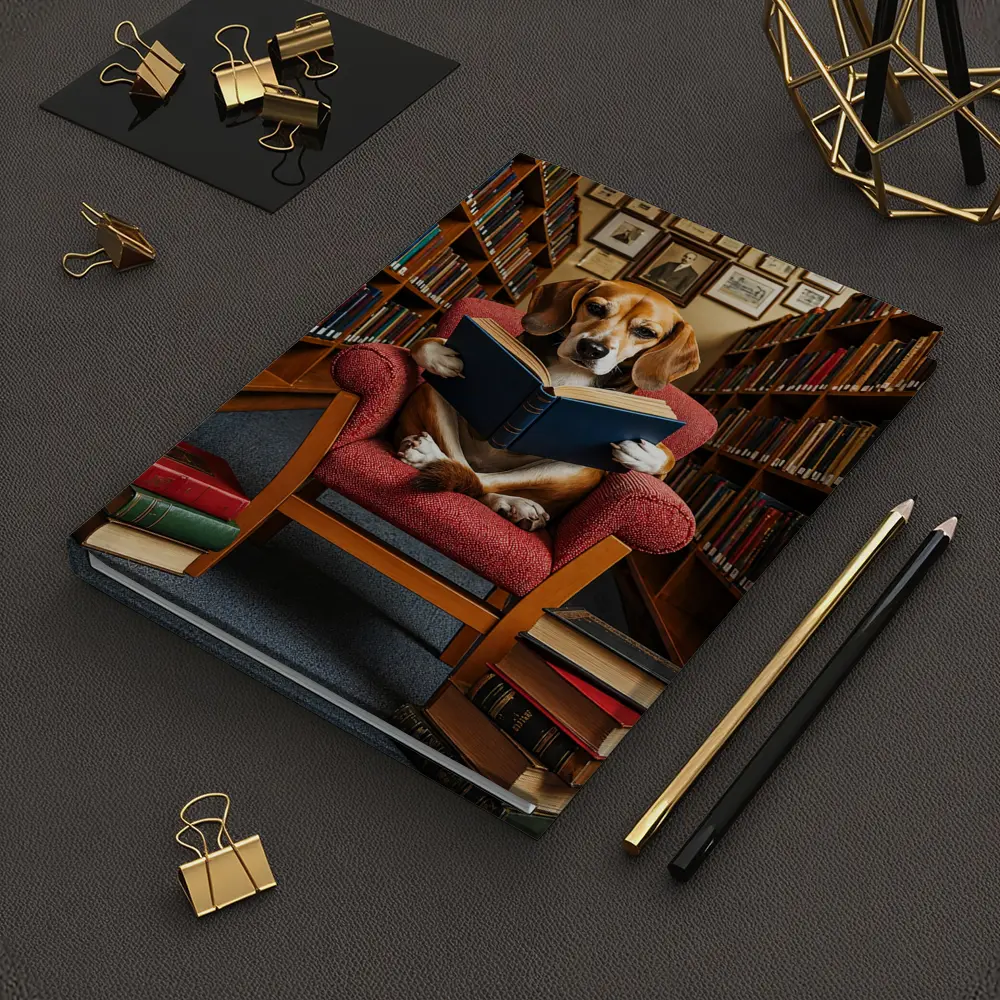 Beagle Reading Book in Library Chair – Notebooks