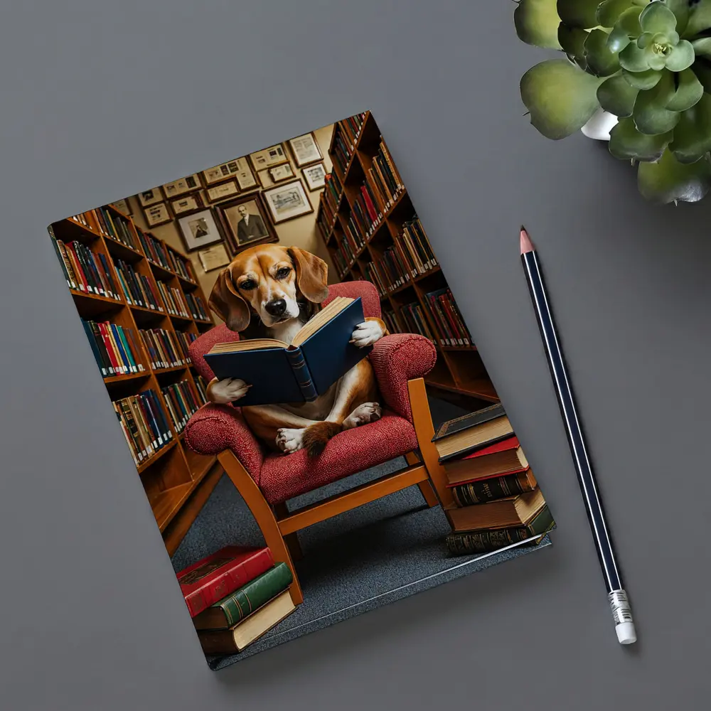 Beagle Reading Book in Library Chair – Notebooks