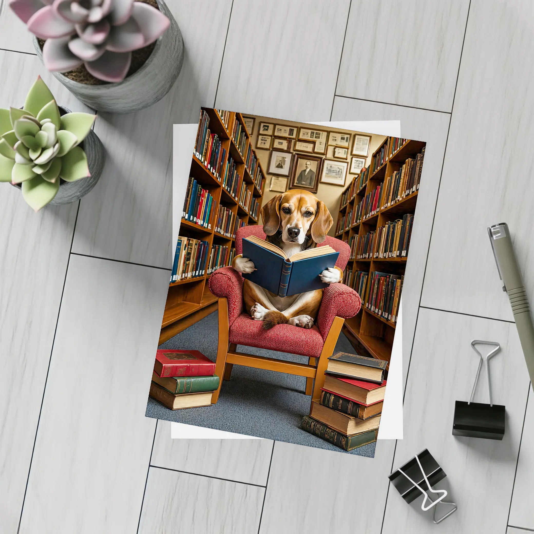Beagle Reading Book in Library Chair – Postcards