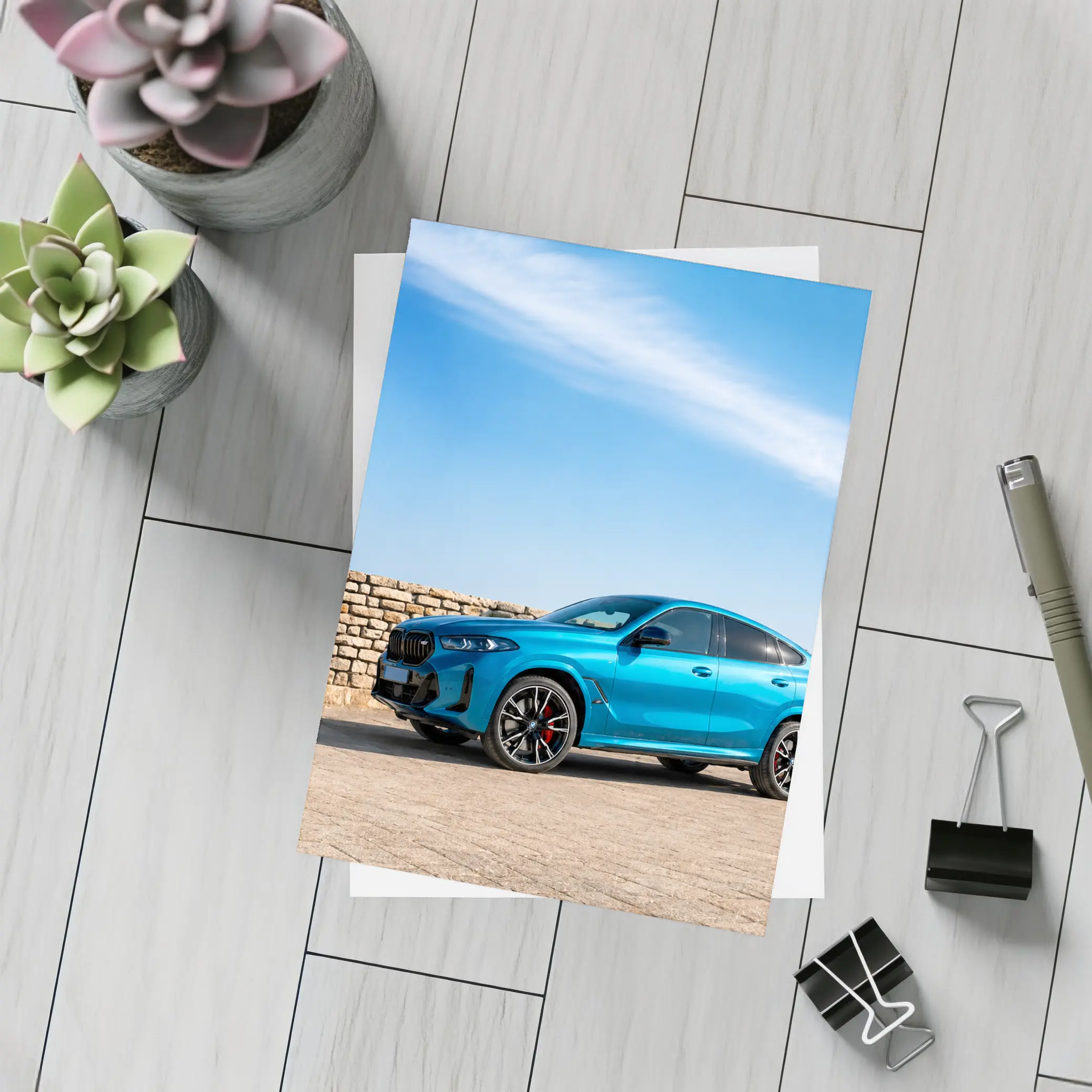BMW X6 M Blue Parked Stone Wall – Postcards