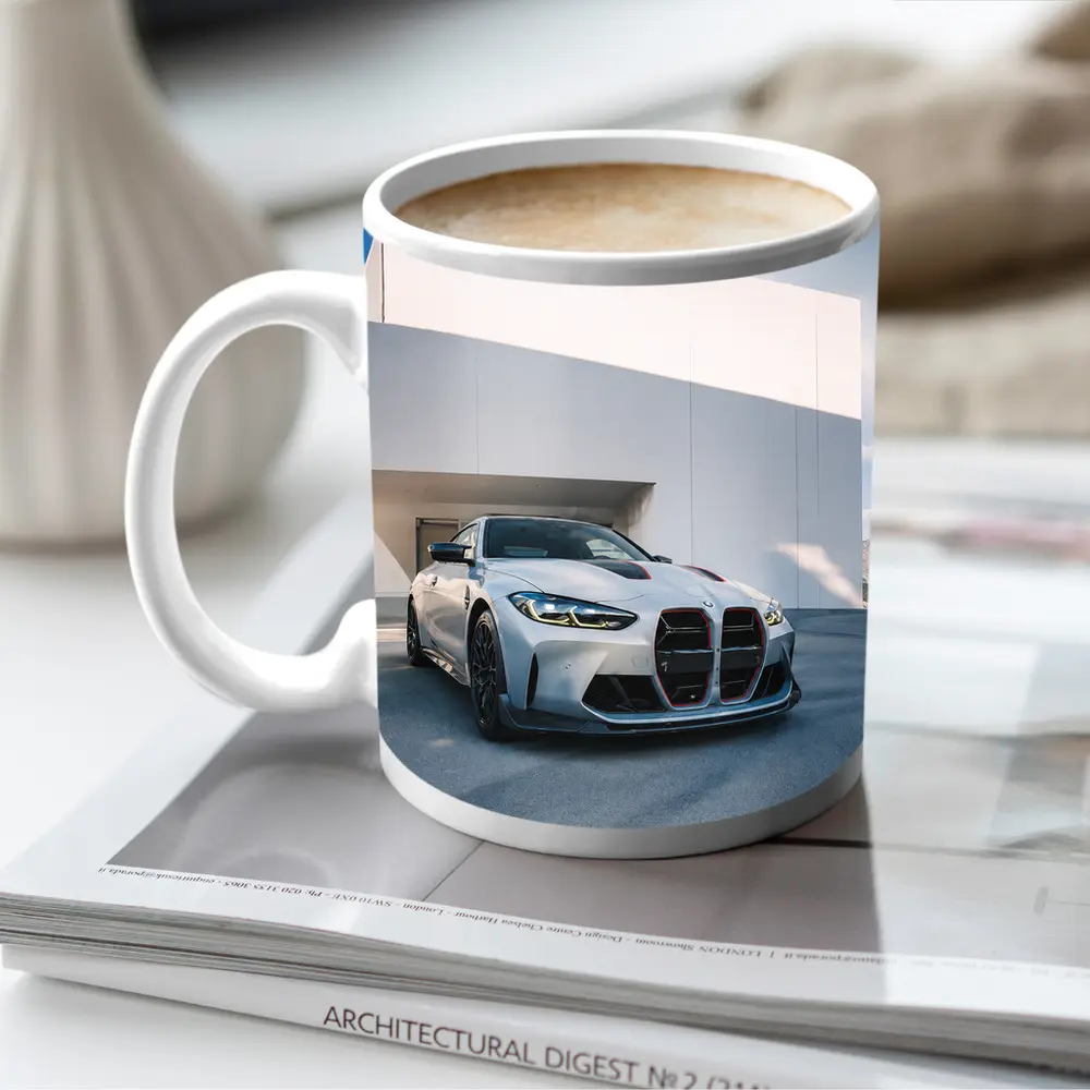 BMW M4 CSL Silver Against White Architecture – Mugs