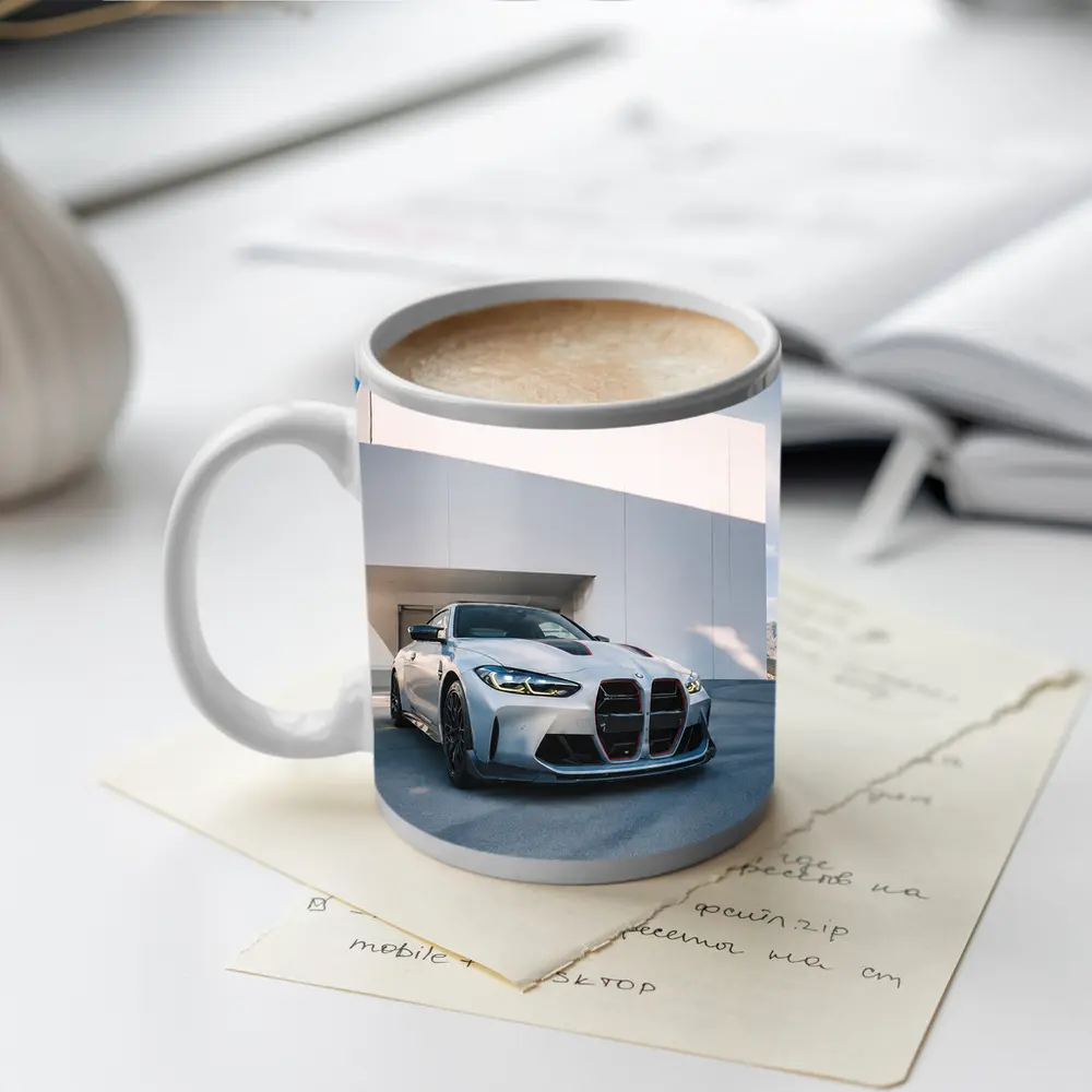 BMW M4 CSL Silver Against White Architecture – Mugs