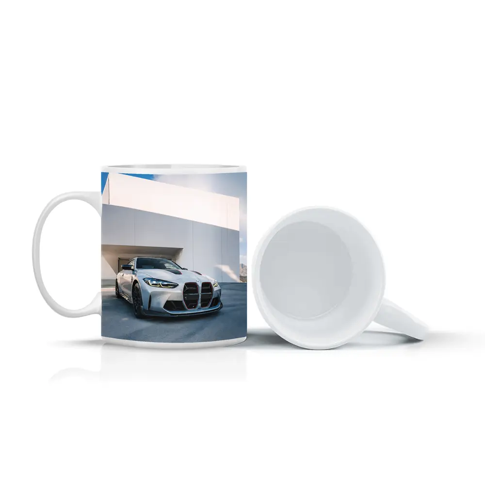 BMW M4 CSL Silver Against White Architecture – Mugs