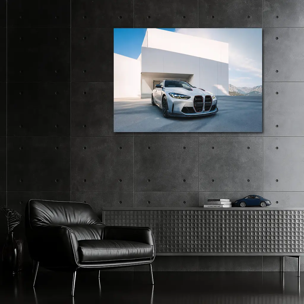 BMW M4 CSL Silver Against White Architecture – Wall Art