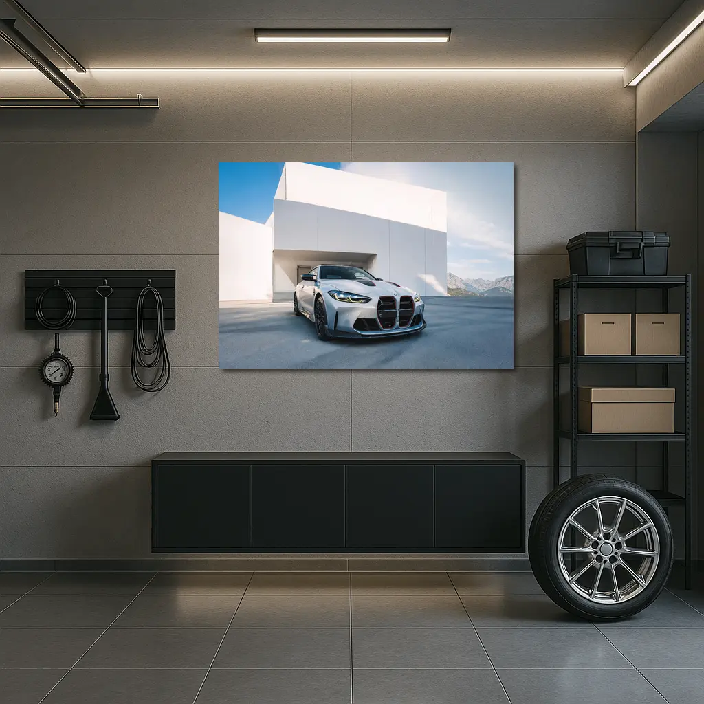 BMW M4 CSL Silver Against White Architecture – Wall Art