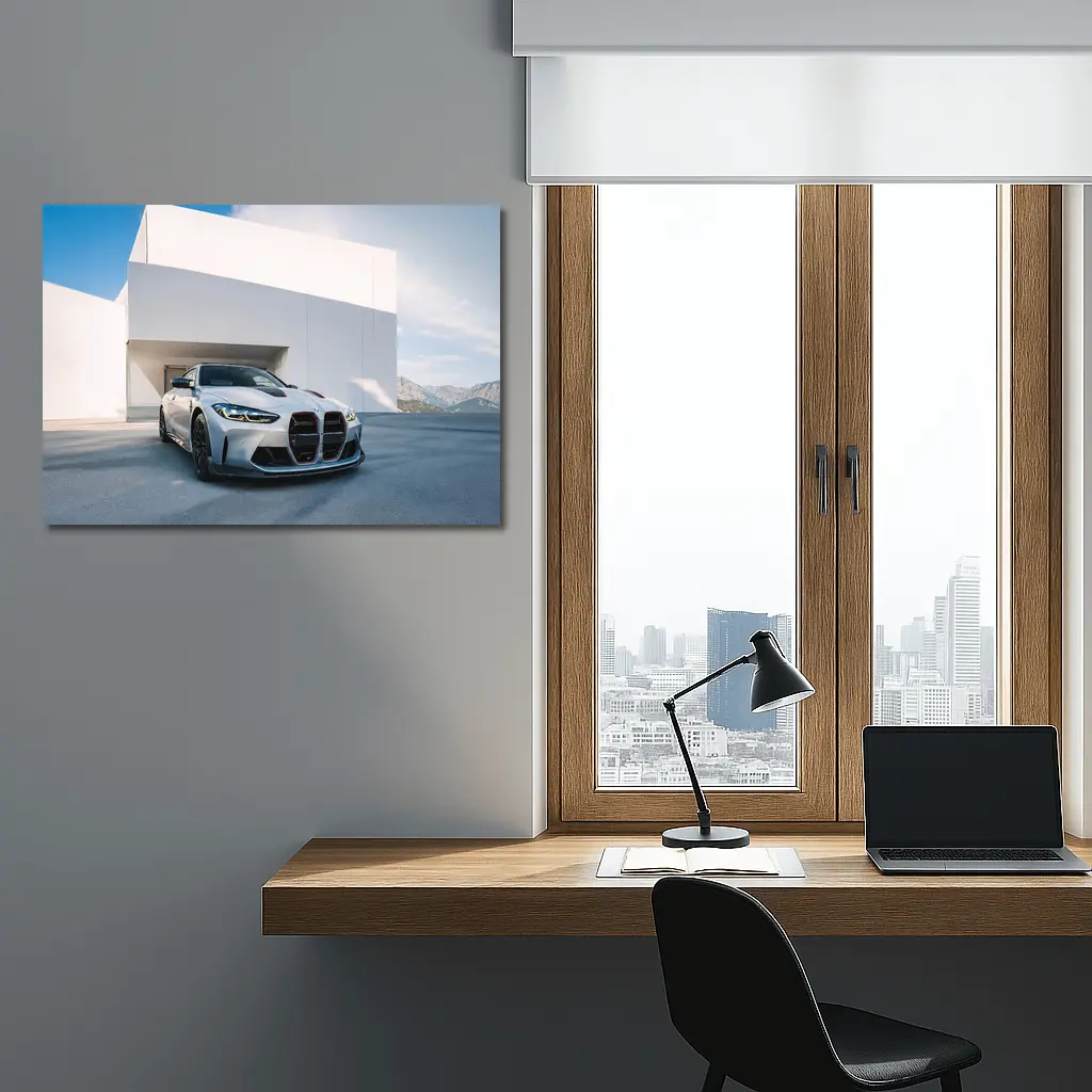 BMW M4 CSL Silver Against White Architecture – Wall Art