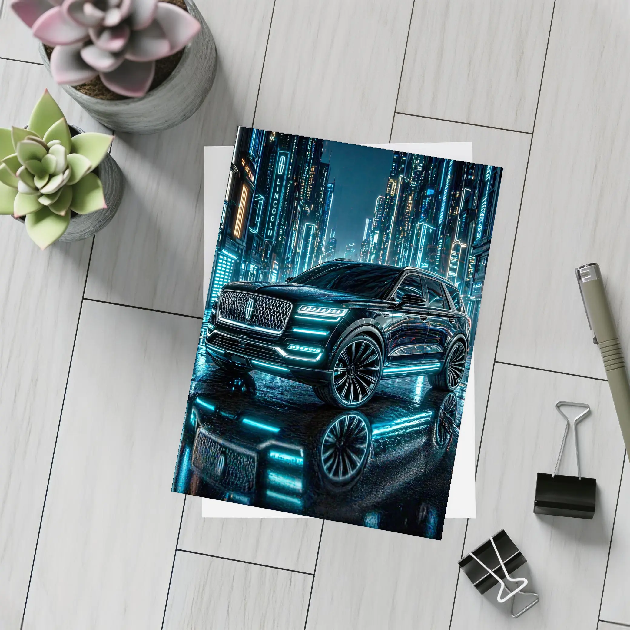 Lincoln Navigator Black Neon City Night – Postcards