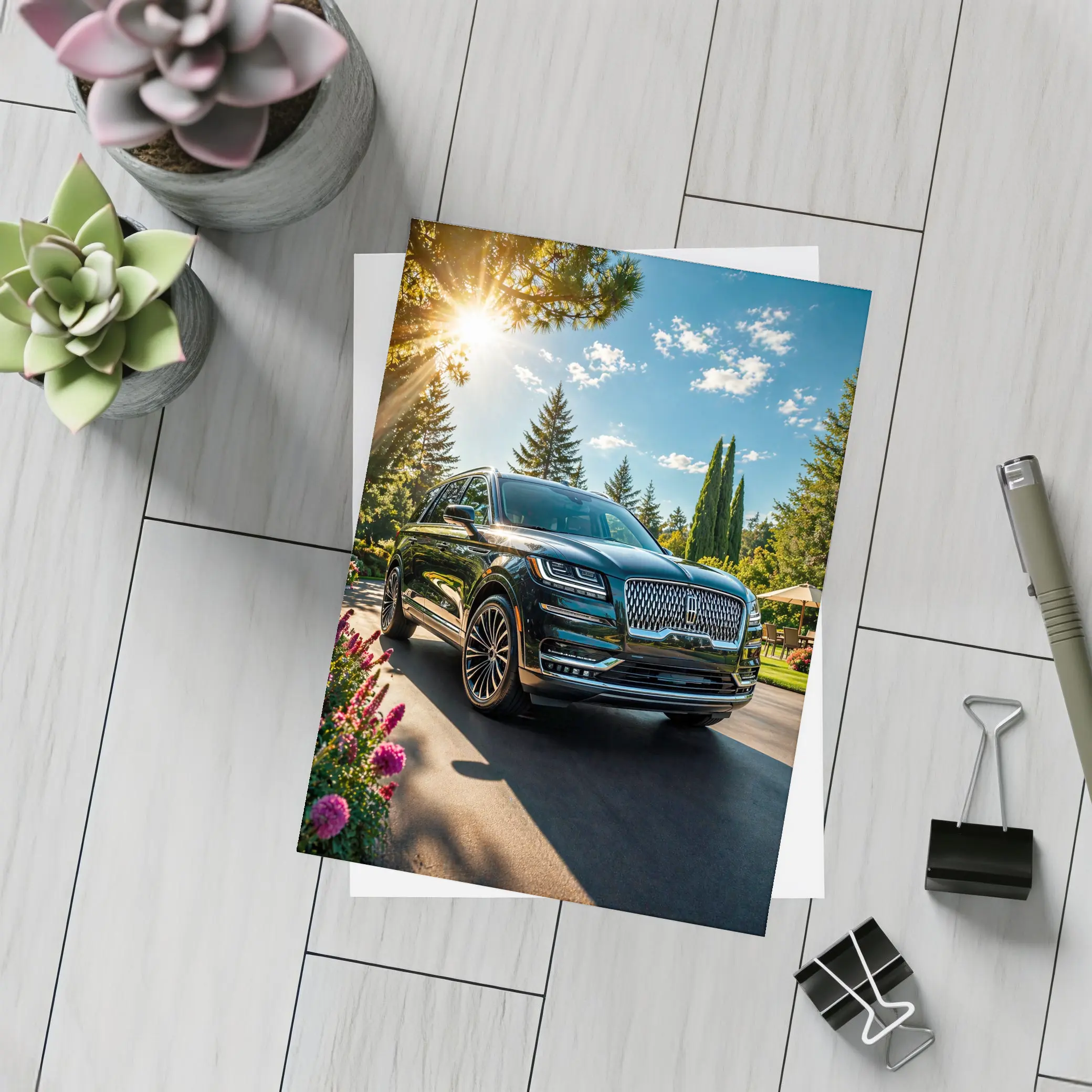 Lincoln Navigator Black SUV Sunny Garden Setting – Postcards