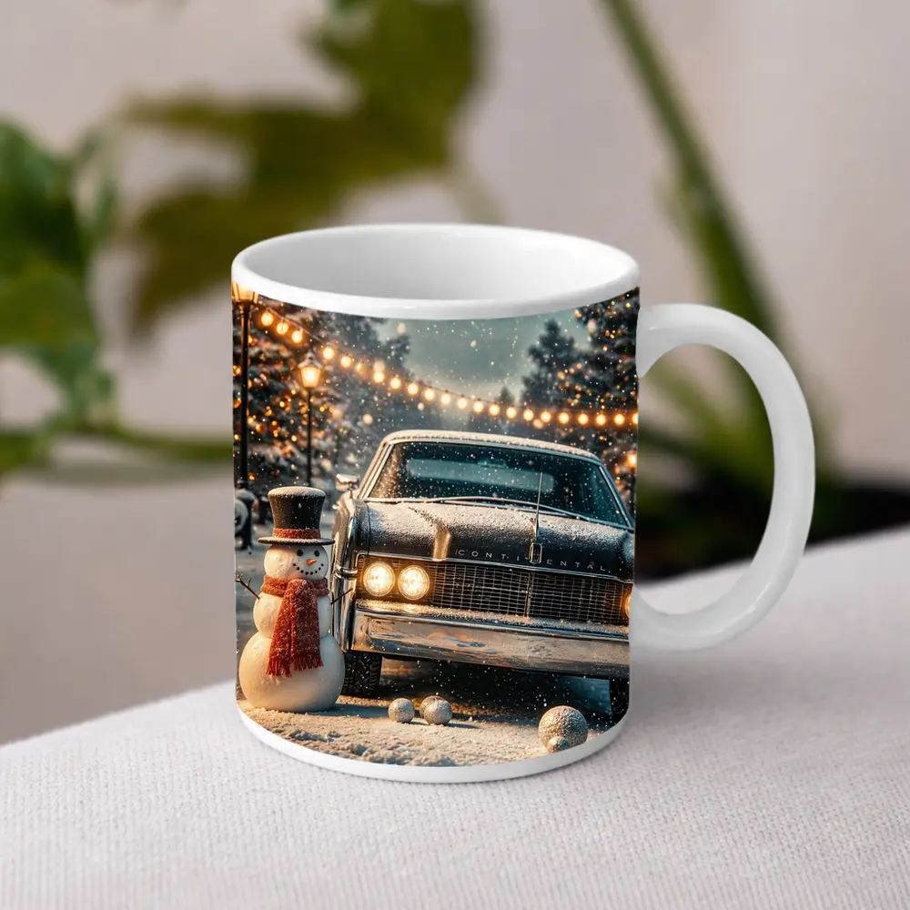Lincoln Continental Snowman Christmas Winter Scene – Mugs