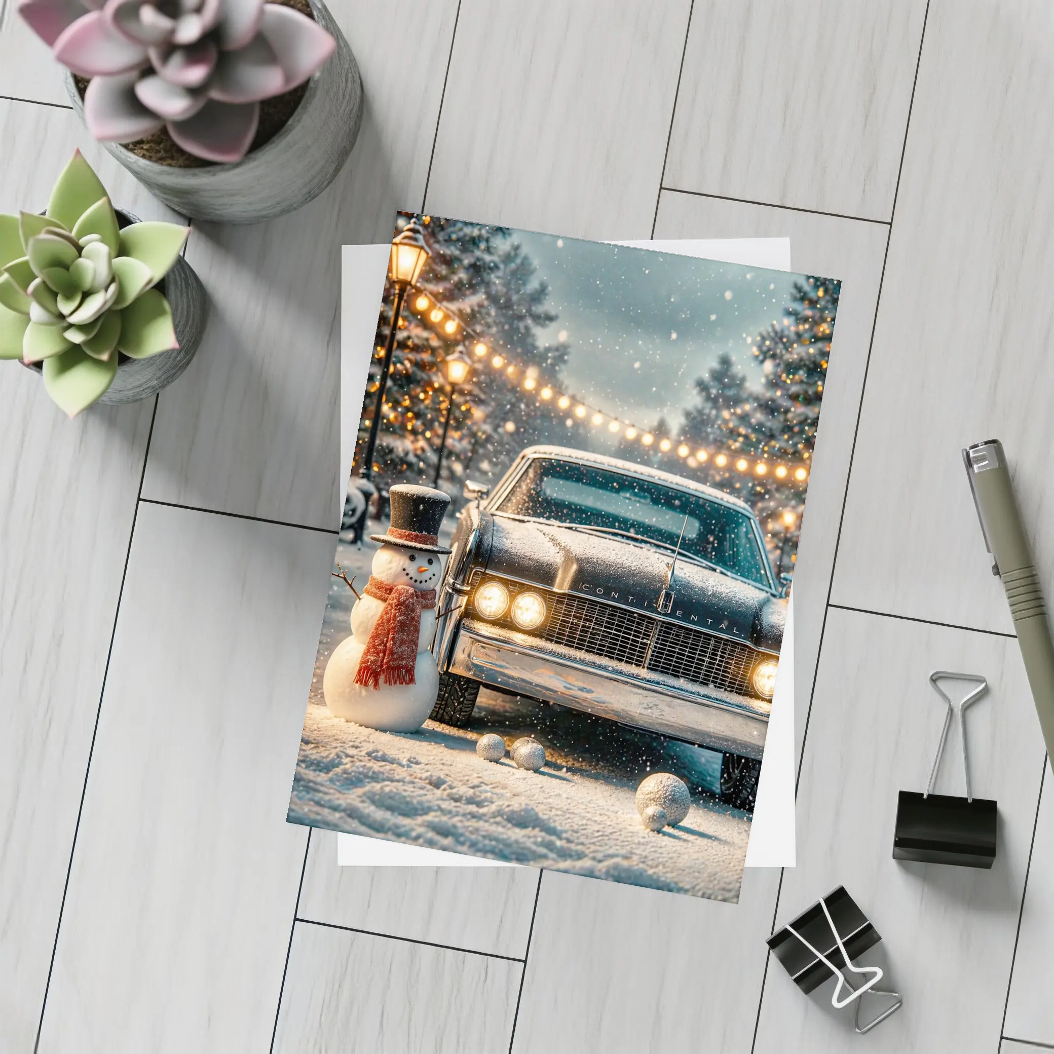 Lincoln Continental Snowman Christmas Winter Scene – Postcards