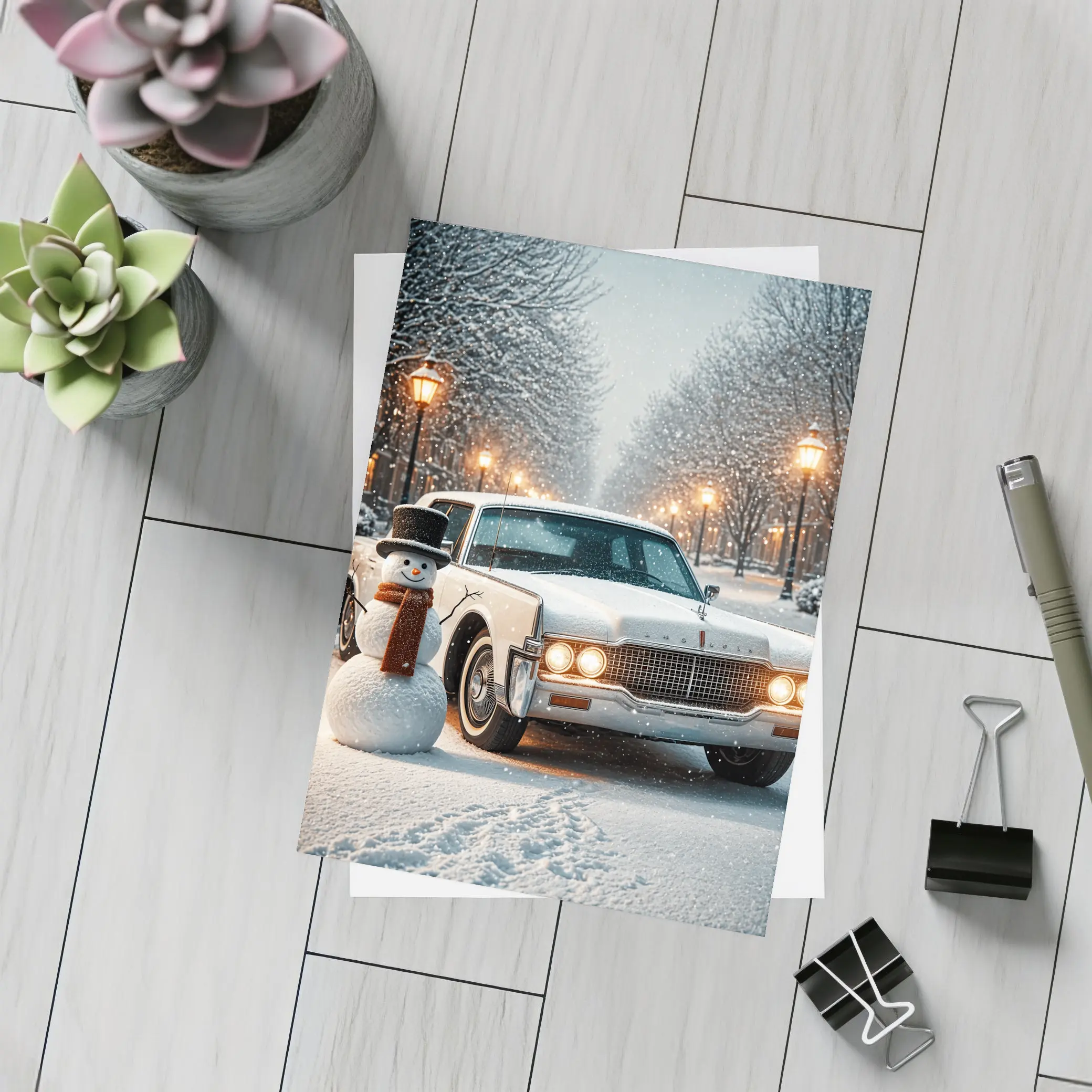 Lincoln Continental Classic Car Snowy Winter Scene – Postcards