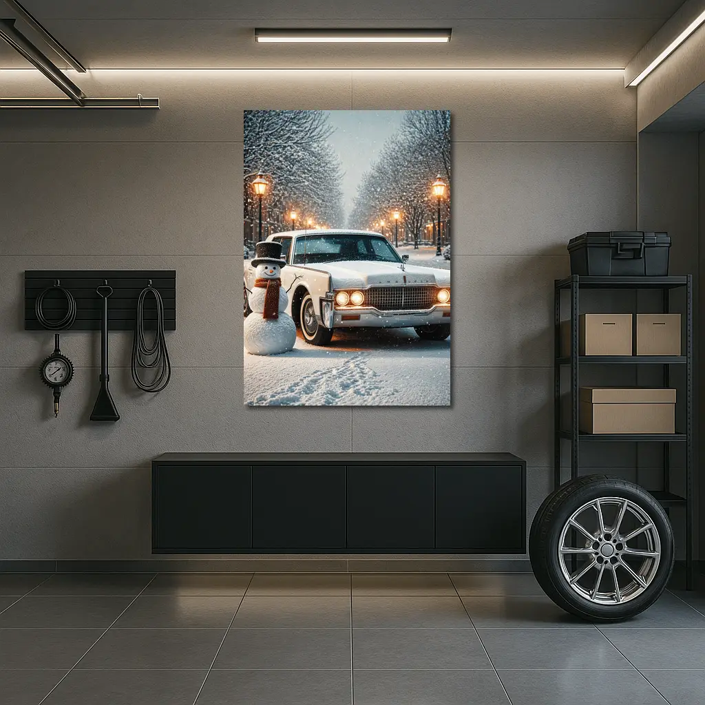 Lincoln Continental Classic Car Snowy Winter Scene – Wall Art